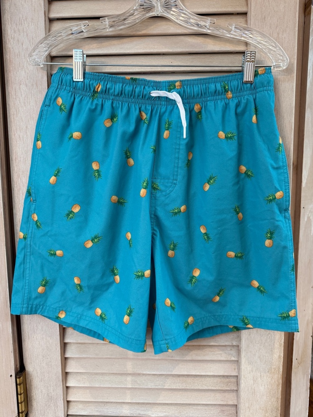 Old Navy Teal Pineapple Print Swim Trunks Medium 7” Inseam Mesh Liner